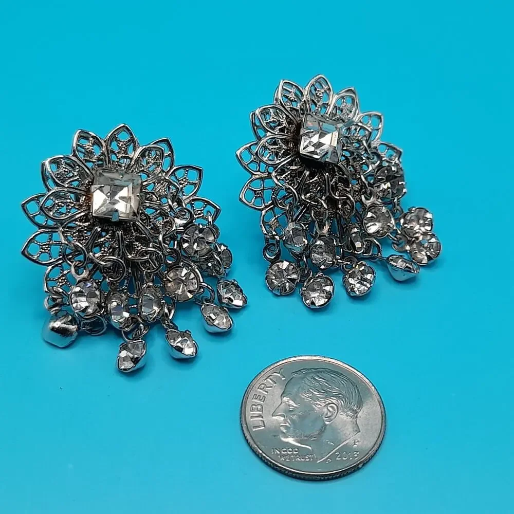 Vintage Waterfall Rhinestone Filigree Clip-On Earrings Tassel Dangle
